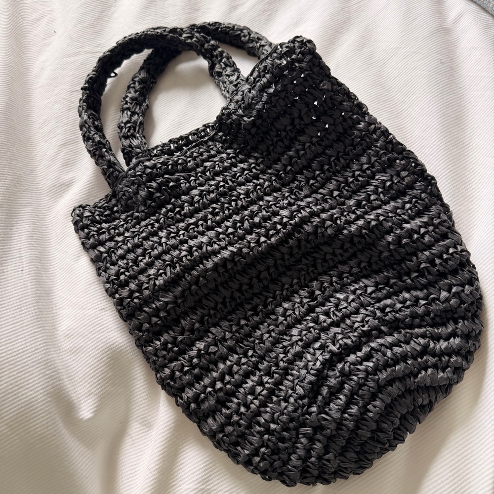 LOFT Black Raffia Straw Bucket Bag - Like New - Picture 5 of 6